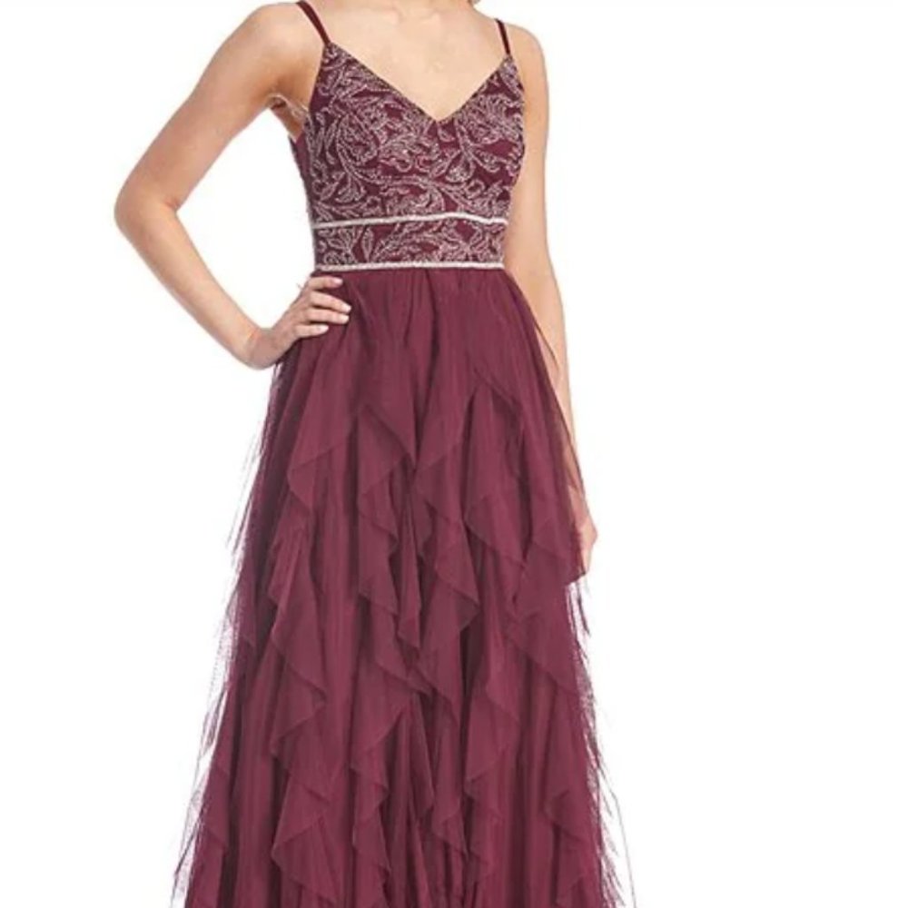 Burgundy Prom Dress Spaghetti Strap V-Neck Embellished Bodice Ball Gown